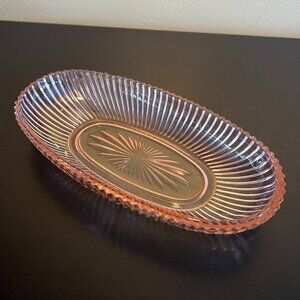 Vintage Anchor Hocking QUEEN MARY Pink Depression Glass Long Oval Serving Dish
